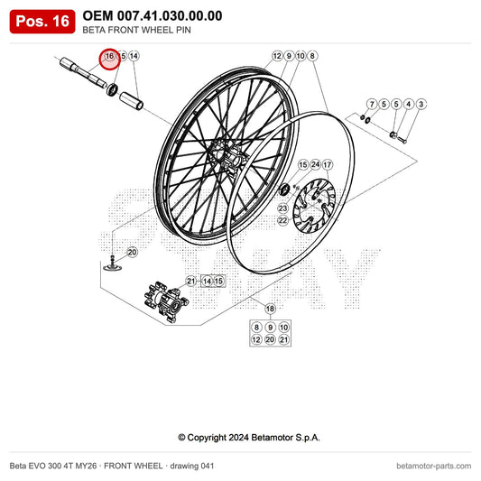 BETA FRONT WHEEL PIN – OEM 007.41.030.00.00, position 16 on the Beta EVO 300 4T MY26 front wheel drawing