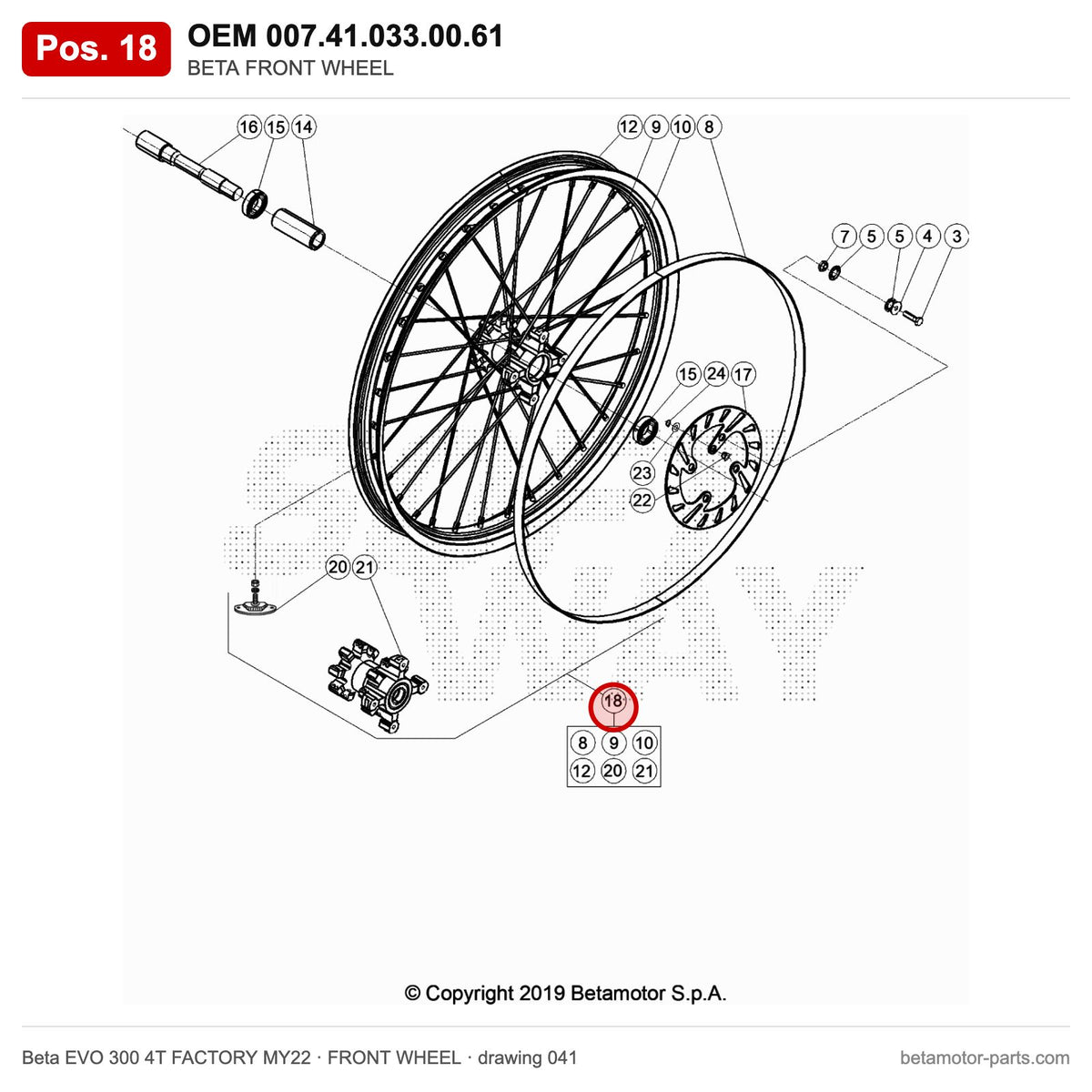 BETA FRONT WHEEL – OEM 007.41.033.00.61, position 18 on the Beta EVO 300 4T FACTORY MY22 front wheel drawing