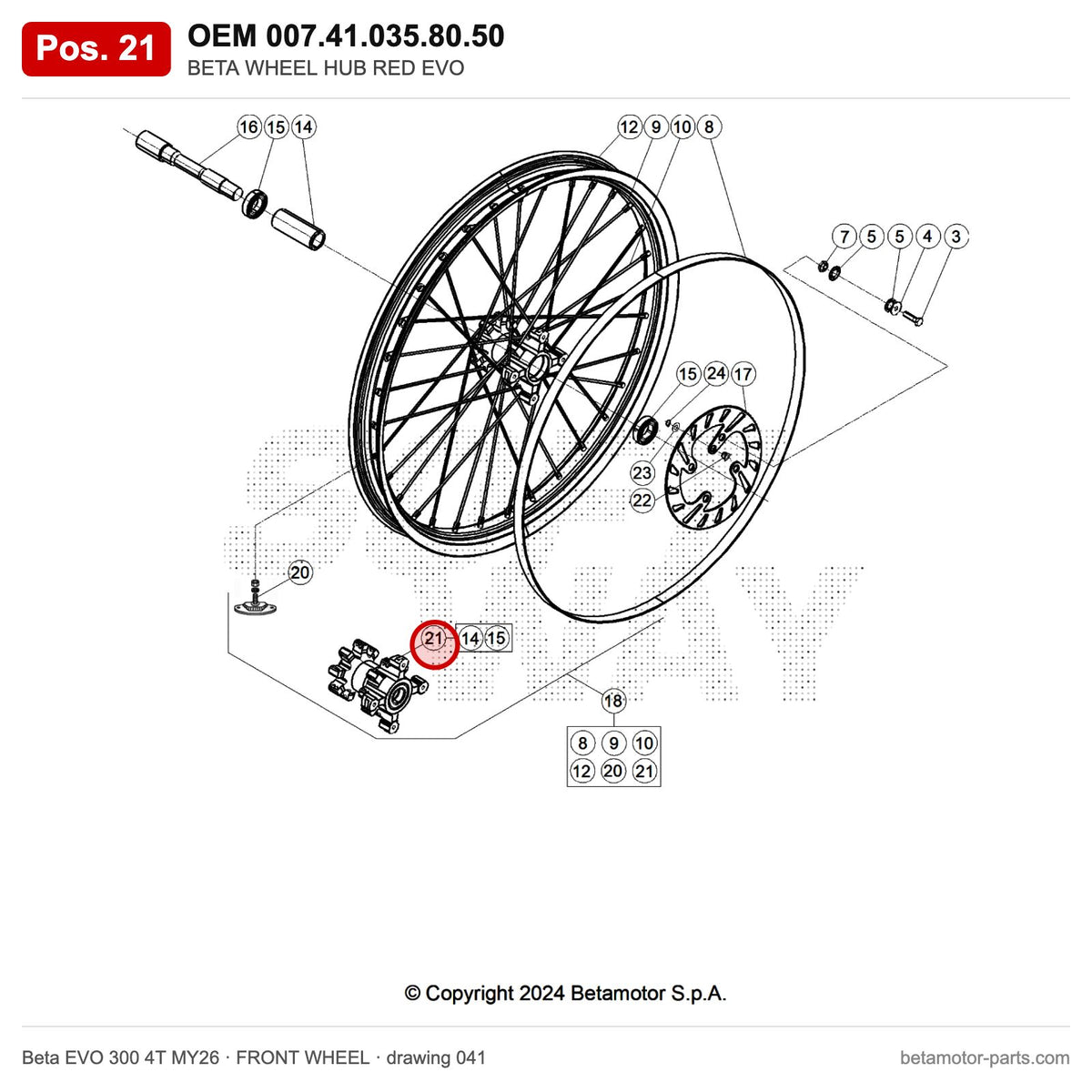 BETA WHEEL HUB RED EVO – OEM 007.41.035.80.50, position 21 on the Beta EVO 300 4T MY26 front wheel drawing