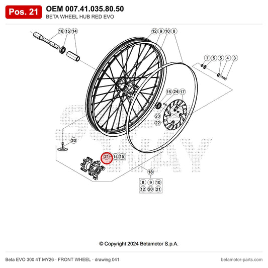 BETA WHEEL HUB RED EVO – OEM 007.41.035.80.50, position 21 on the Beta EVO 300 4T MY26 front wheel drawing