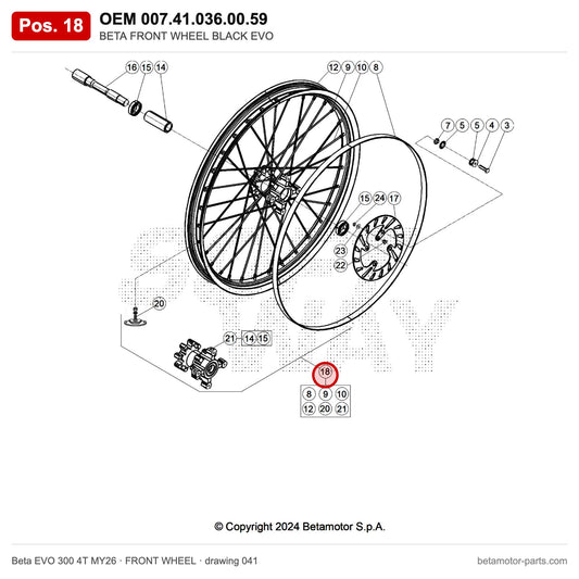 BETA FRONT WHEEL BLACK EVO – OEM 007.41.036.00.59, position 18 on the Beta EVO 300 4T MY26 front wheel drawing