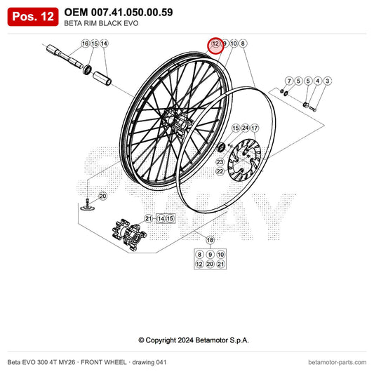 BETA RIM BLACK EVO – OEM 007.41.050.00.59, position 12 on the Beta EVO 300 4T MY26 front wheel drawing