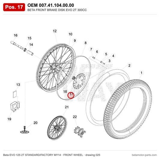 BETA FRONT BRAKE DISK EVO 2T 300CC – OEM 007.41.104.00.00, position 17 on the Beta EVO 125 2T STANDARD/FACTORY MY14 front wheel drawing