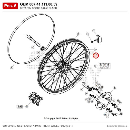BETA RIM SPOKE 3X256 BLACK – OEM 007.41.111.00.59, position 5 on the Beta SINCRO 125 2T FACTORY MY26 front wheel drawing
