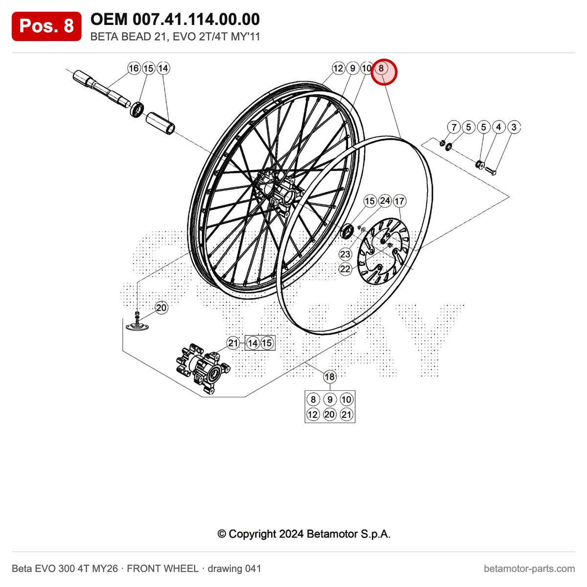 BETA BEAD 21, EVO 2T/4T MY'11 – OEM 007.41.114.00.00, position 8 on the Beta EVO 300 4T MY26 front wheel drawing