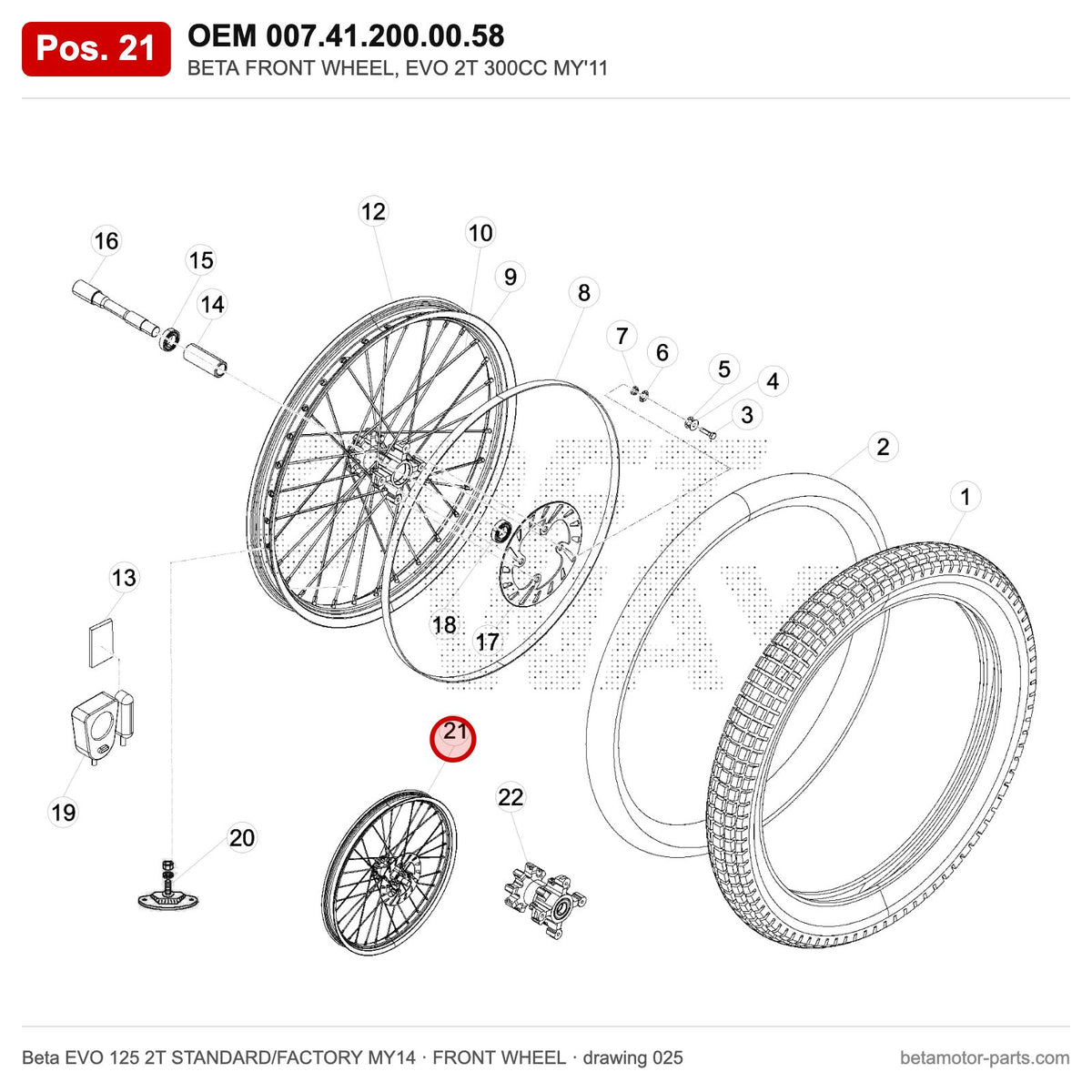 BETA FRONT WHEEL, EVO 2T 300CC MY'11 – OEM 007.41.200.00.58, position 21 on the Beta EVO 125 2T STANDARD/FACTORY MY14 front wheel drawing