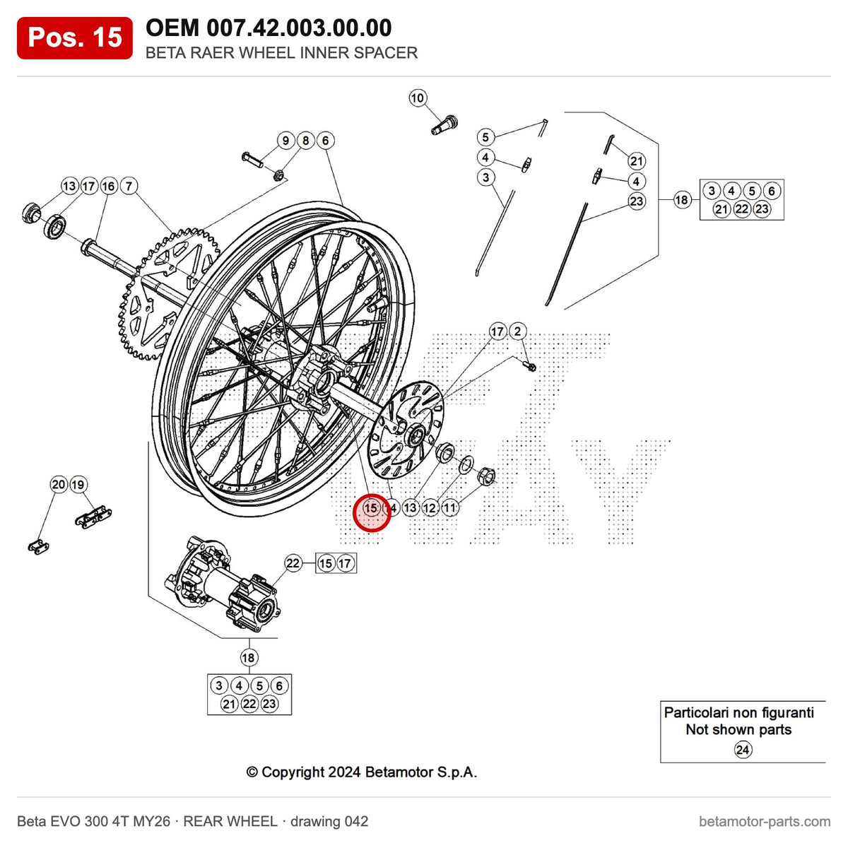 BETA RAER WHEEL INNER SPACER – OEM 007.42.003.00.00, position 15 on the Beta EVO 300 4T MY26 rear wheel drawing