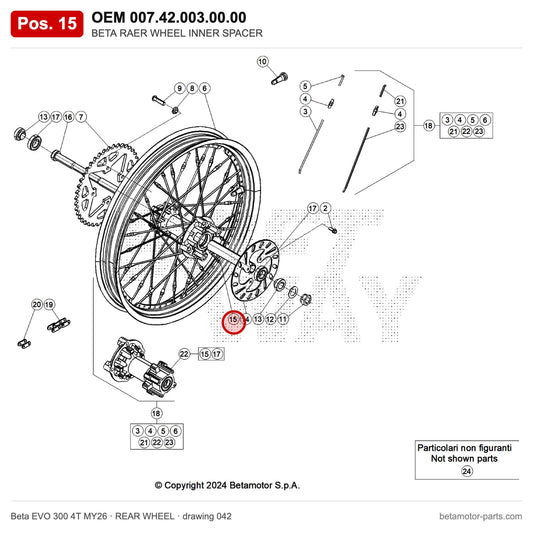 BETA RAER WHEEL INNER SPACER – OEM 007.42.003.00.00, position 15 on the Beta EVO 300 4T MY26 rear wheel drawing