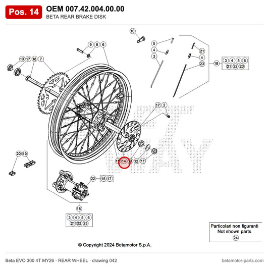 BETA REAR BRAKE DISK – OEM 007.42.004.00.00, position 14 on the Beta EVO 300 4T MY26 rear wheel drawing