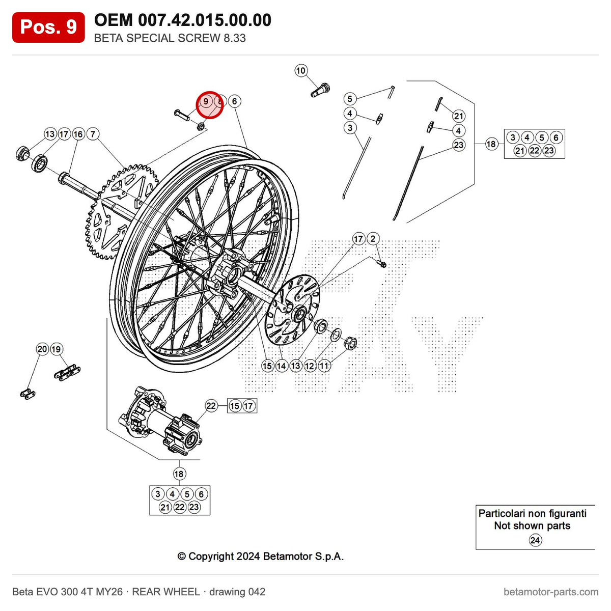 BETA SPECIAL SCREW 8.33 – OEM 007.42.015.00.00, position 9 on the Beta EVO 300 4T MY26 rear wheel drawing