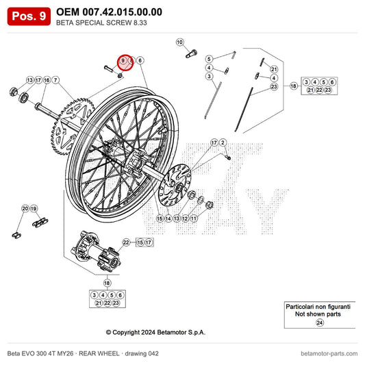 BETA SPECIAL SCREW 8.33 – OEM 007.42.015.00.00, position 9 on the Beta EVO 300 4T MY26 rear wheel drawing