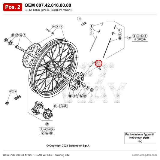 BETA DISK SPEC. SCREW M6X16 – OEM 007.42.016.00.00, position 2 on the Beta EVO 300 4T MY26 rear wheel drawing