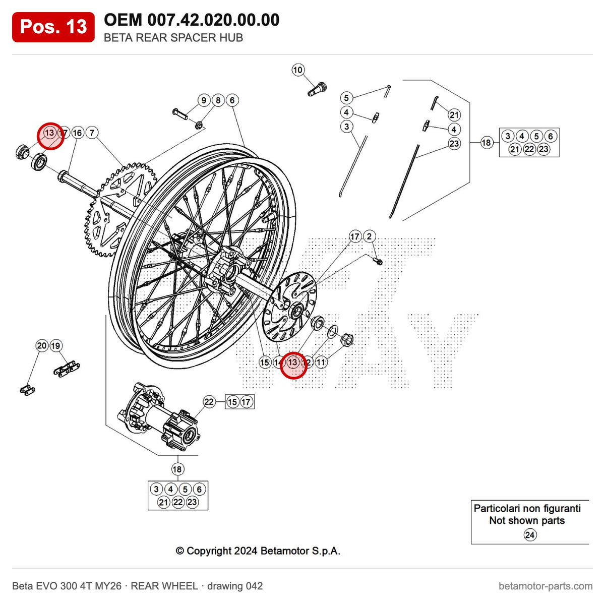 BETA REAR SPACER HUB – OEM 007.42.020.00.00, position 13 on the Beta EVO 300 4T MY26 rear wheel drawing