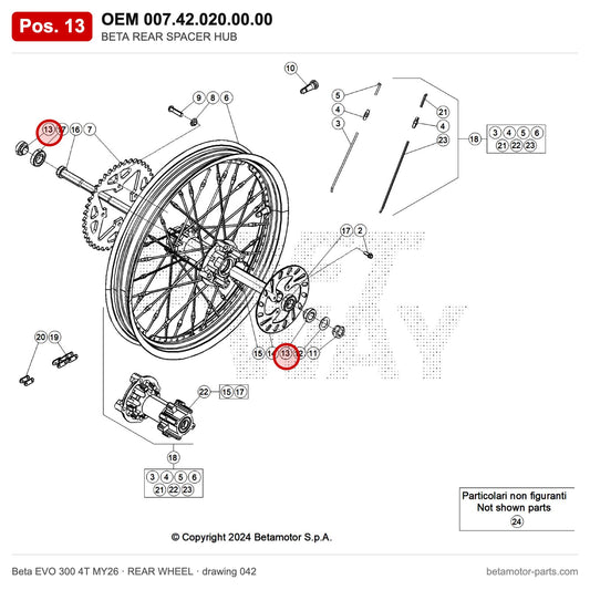 BETA REAR SPACER HUB – OEM 007.42.020.00.00, position 13 on the Beta EVO 300 4T MY26 rear wheel drawing