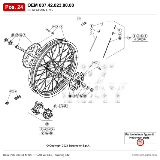 BETA CHAIN LINK – OEM 007.42.023.00.00, position 24 on the Beta EVO 300 4T MY26 rear wheel drawing