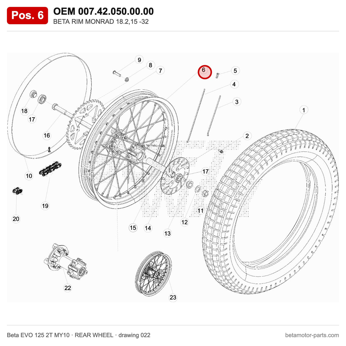 BETA RIM MONRAD 18.2,15 -32 – OEM 007.42.050.00.00, position 6 on the Beta EVO 125 2T MY10 rear wheel drawing