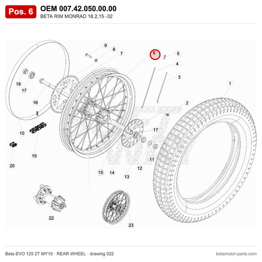 BETA RIM MONRAD 18.2,15 -32 – OEM 007.42.050.00.00, position 6 on the Beta EVO 125 2T MY10 rear wheel drawing