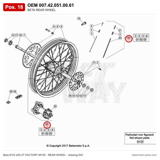 BETA REAR WHEEL – OEM 007.42.051.00.61, position 18 on the Beta EVO 250 2T FACTORY MY22 rear wheel drawing