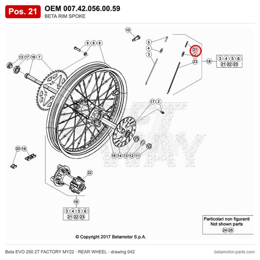 BETA RIM SPOKE – OEM 007.42.056.00.59, position 21 on the Beta EVO 250 2T FACTORY MY22 rear wheel drawing