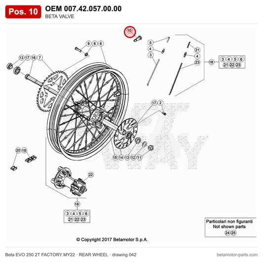 BETA VALVE – OEM 007.42.057.00.00, position 10 on the Beta EVO 250 2T FACTORY MY22 rear wheel drawing
