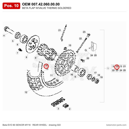 BETA FLAP W/VALVE THERMO SOLDERED – OEM 007.42.060.00.00, position 10 on the Beta EVO 80 SENIOR MY16 rear wheel drawing