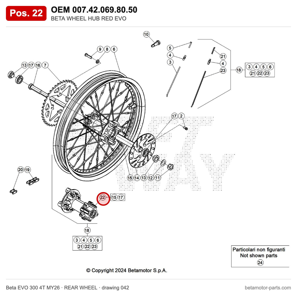 BETA WHEEL HUB RED EVO – OEM 007.42.069.80.50, position 22 on the Beta EVO 300 4T MY26 rear wheel drawing
