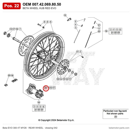 BETA WHEEL HUB RED EVO – OEM 007.42.069.80.50, position 22 on the Beta EVO 300 4T MY26 rear wheel drawing