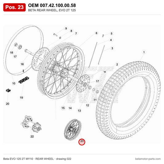 BETA REAR WHEEL, EVO 2T 125 – OEM 007.42.100.00.58, position 23 on the Beta EVO 125 2T MY10 rear wheel drawing