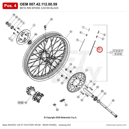 BETA RIM SPOKE 3,5X165 BLACK – OEM 007.42.112.00.59, position 4 on the Beta SINCRO 125 2T FACTORY MY26 rear wheel drawing