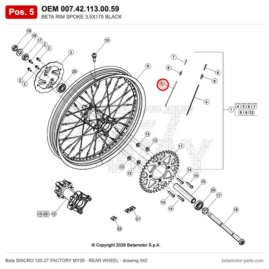 BETA RIM SPOKE 3,5X175 BLACK – OEM 007.42.113.00.59, position 5 on the Beta SINCRO 125 2T FACTORY MY26 rear wheel drawing
