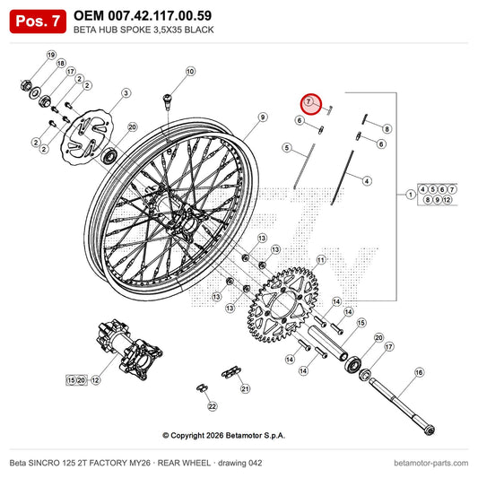 BETA HUB SPOKE 3,5X35 BLACK – OEM 007.42.117.00.59, position 7 on the Beta SINCRO 125 2T FACTORY MY26 rear wheel drawing