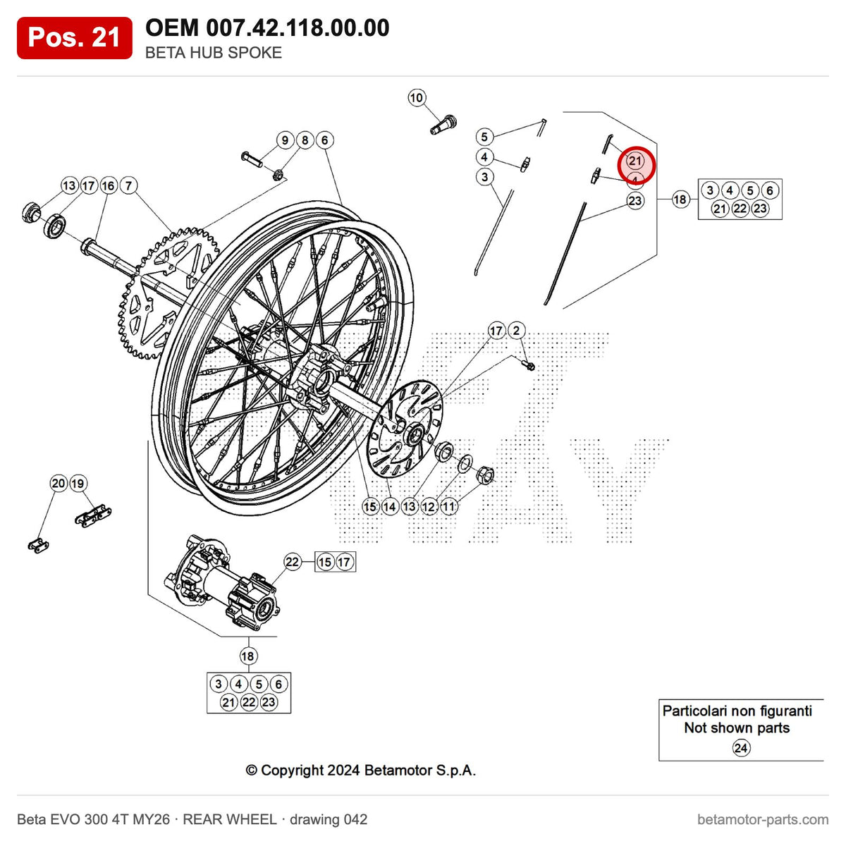 BETA SPOKE JOINT 3,5X34 REAR WHEELMY'11 – OEM 007.42.118.00.00, position 21 on the Beta EVO 300 4T MY26 rear wheel drawing