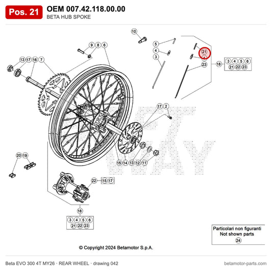 BETA SPOKE JOINT 3,5X34 REAR WHEELMY'11 – OEM 007.42.118.00.00, position 21 on the Beta EVO 300 4T MY26 rear wheel drawing