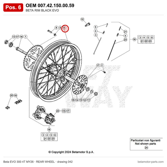 BETA RIM BLACK EVO – OEM 007.42.150.00.59, position 6 on the Beta EVO 300 4T MY26 rear wheel drawing