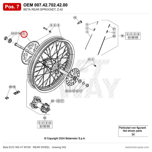 BETA REAR SPROCKET, Z.42 – OEM 007.42.702.42.00, position 7 on the Beta EVO 300 4T MY26 rear wheel drawing