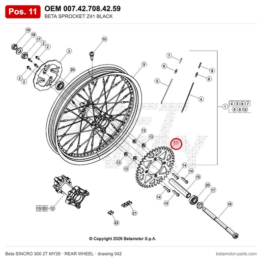 BETA SPROCKET Z41 BLACK – OEM 007.42.708.42.59, position 11 on the Beta SINCRO 300 2T MY26 rear wheel drawing
