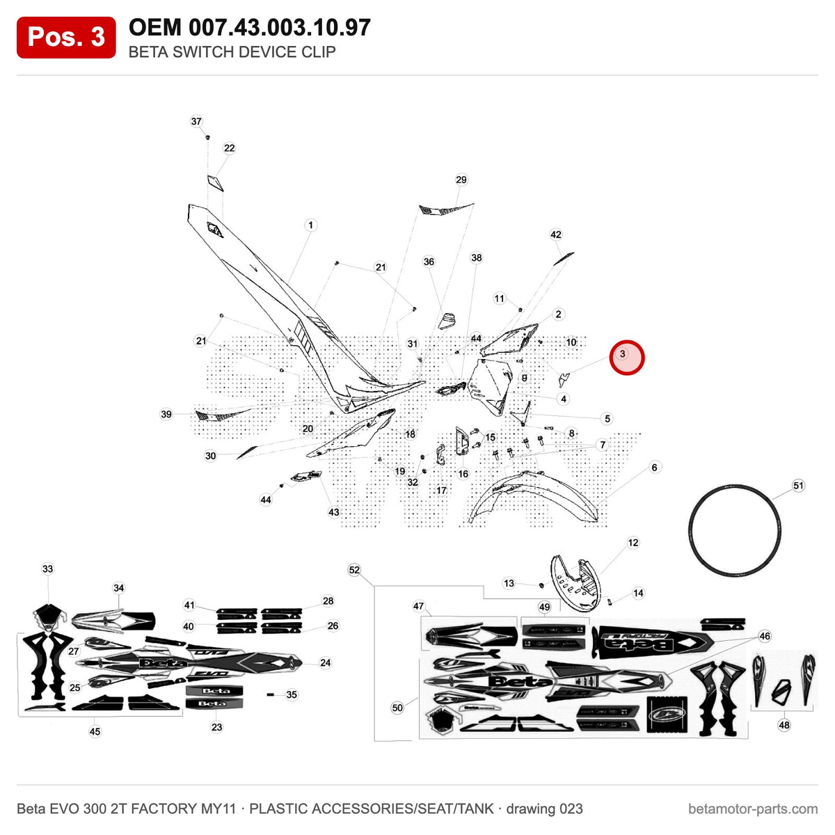 BETA SWITCH DEVICE CLIP – OEM 007.43.003.10.97, position 3 on the Beta EVO 300 2T FACTORY MY11 plastic accessories/seat/tank drawing