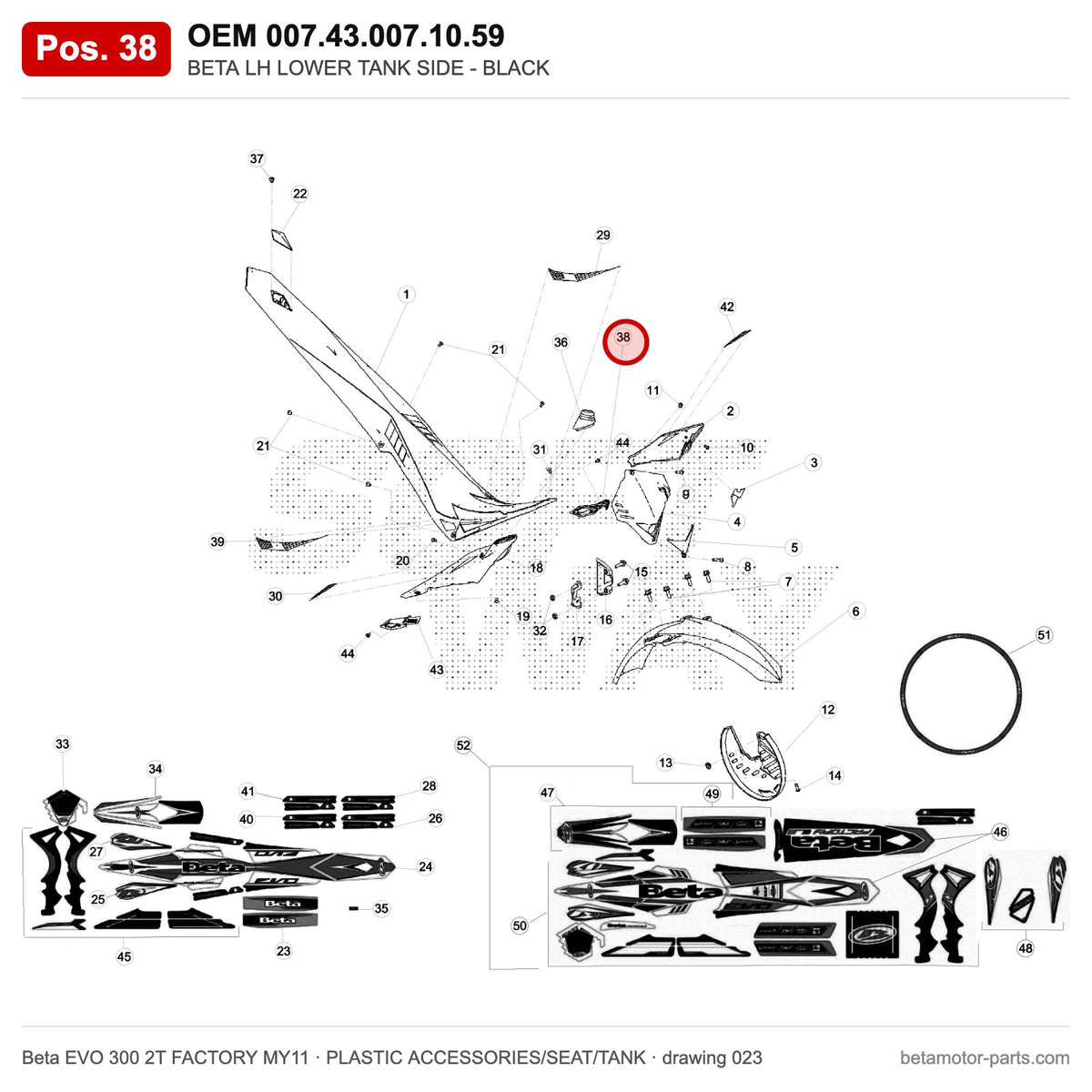 BETA LH LOWER TANK SIDE - BLACK – OEM 007.43.007.10.59, position 38 on the Beta EVO 300 2T FACTORY MY11 plastic accessories/seat/tank drawing