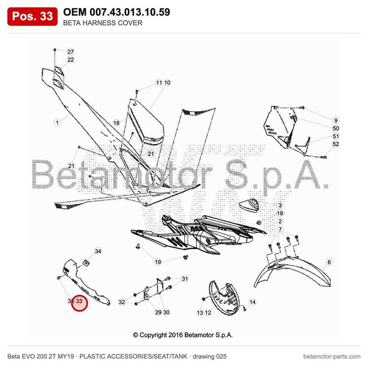 BETA HARNESS COVER – OEM 007.43.013.10.59, position 33 on the Beta EVO 200 2T MY19 plastic accessories/seat/tank drawing