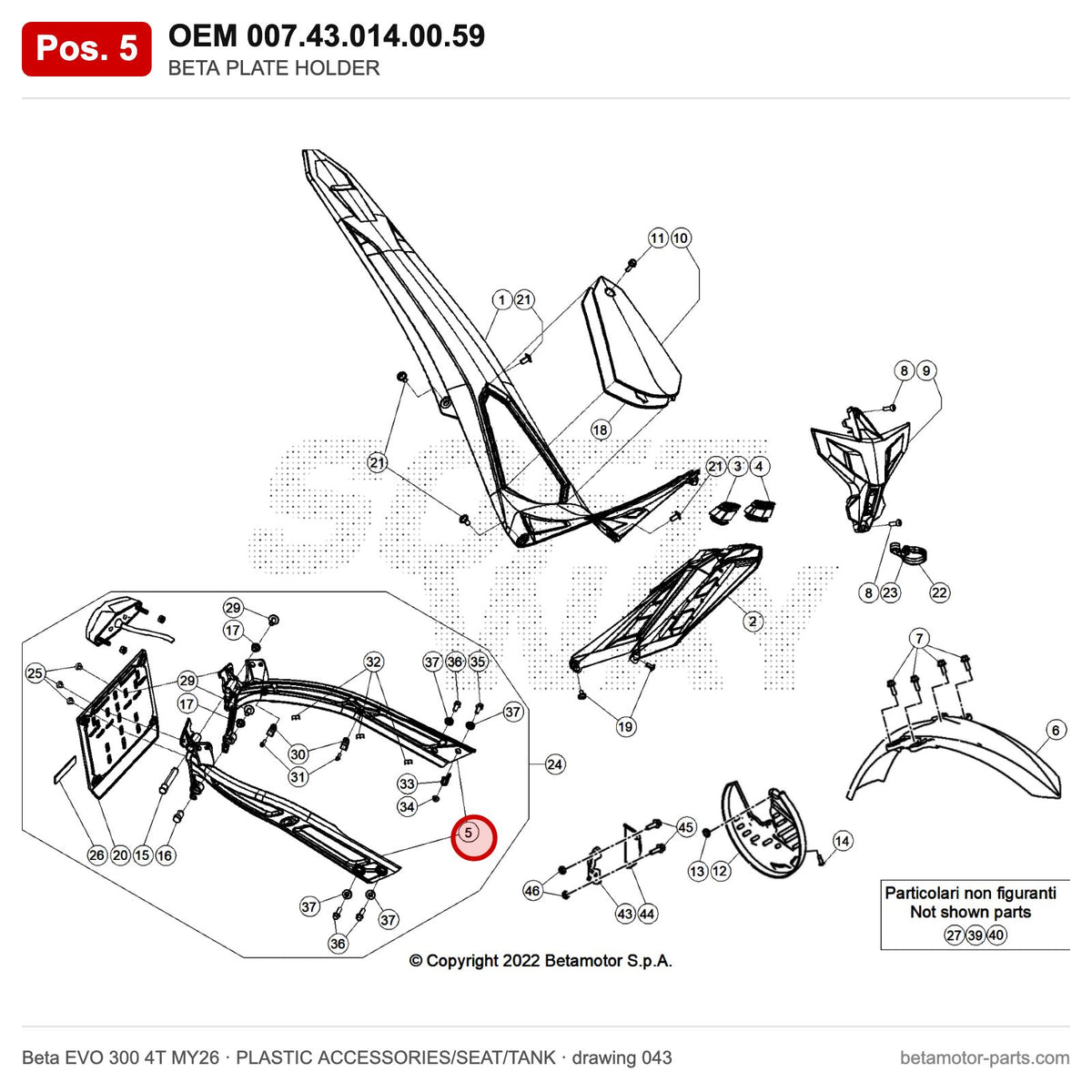 BETA PLATE HOLDER – OEM 007.43.014.00.59, position 5 on the Beta EVO 300 4T MY26 plastic accessories/seat/tank drawing