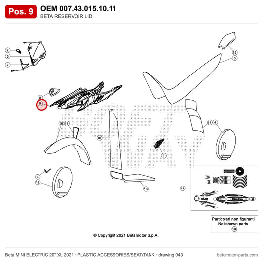 BETA RESERVOIR LID – OEM 007.43.015.10.11, position 9 on the Beta MINI ELECTRIC 20" XL 2021 plastic accessories/seat/tank drawing