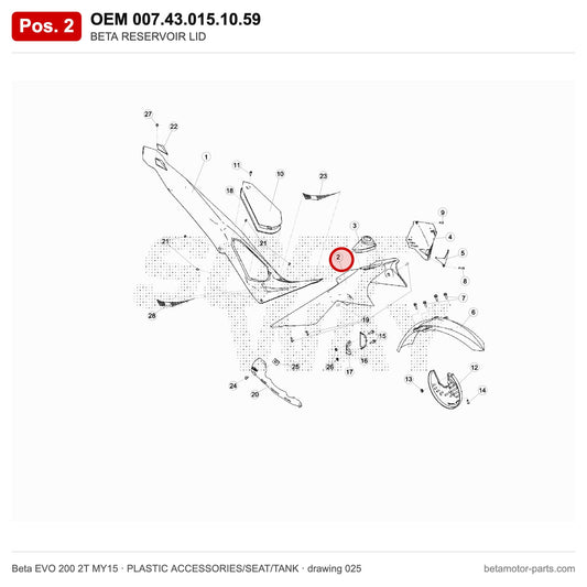 BETA RESERVOIR LID – OEM 007.43.015.10.59, position 2 on the Beta EVO 200 2T MY15 plastic accessories/seat/tank drawing
