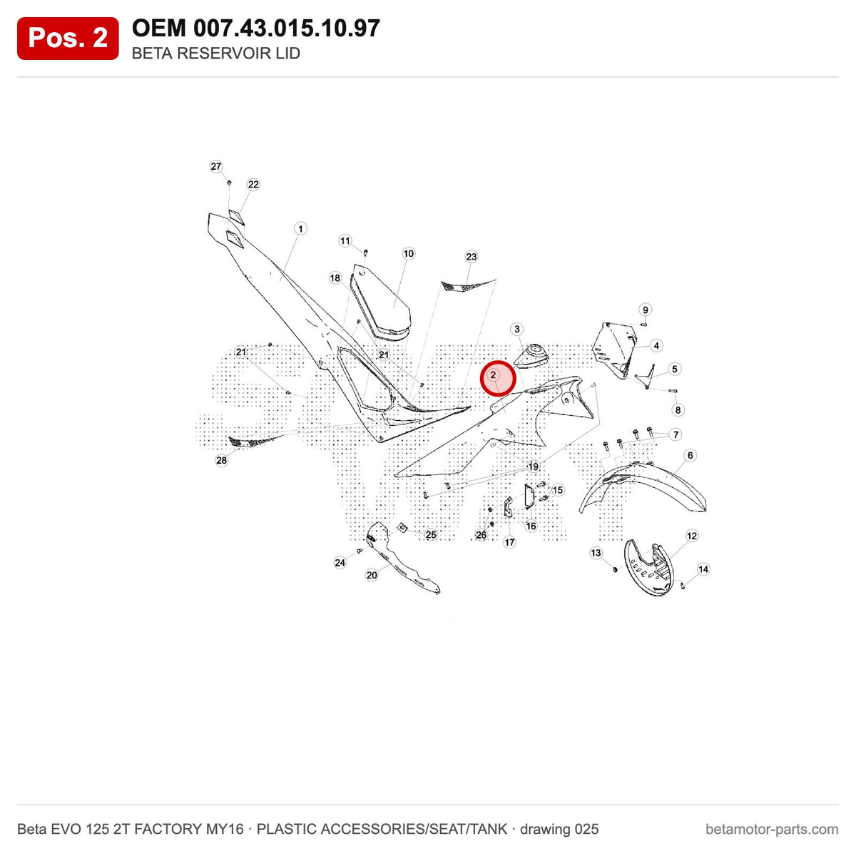 BETA RESERVOIR LID – OEM 007.43.015.10.97, position 2 on the Beta EVO 125 2T FACTORY MY16 plastic accessories/seat/tank drawing