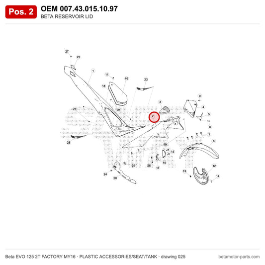 BETA RESERVOIR LID – OEM 007.43.015.10.97, position 2 on the Beta EVO 125 2T FACTORY MY16 plastic accessories/seat/tank drawing