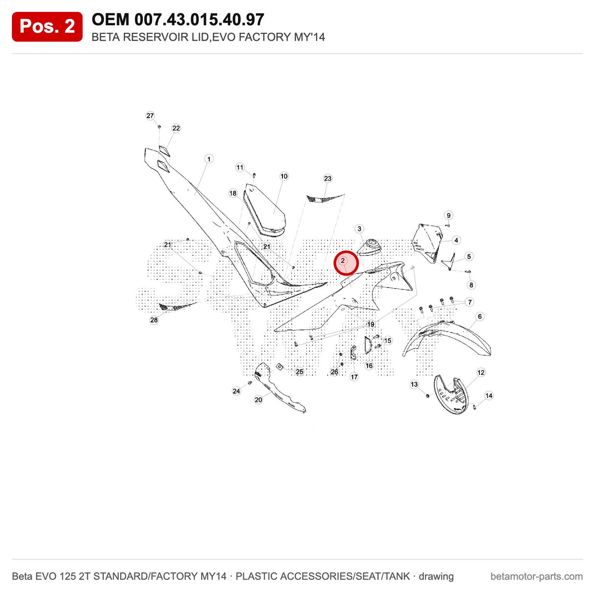 BETA RESERVOIR LID,EVO FACTORY MY'14 – OEM 007.43.015.40.97, position 2 on the Beta EVO 125 2T STANDARD/FACTORY MY14 plastic accessories/seat/tank drawing