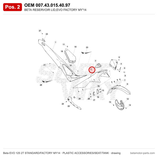 BETA RESERVOIR LID,EVO FACTORY MY'14 – OEM 007.43.015.40.97, position 2 on the Beta EVO 125 2T STANDARD/FACTORY MY14 plastic accessories/seat/tank drawing