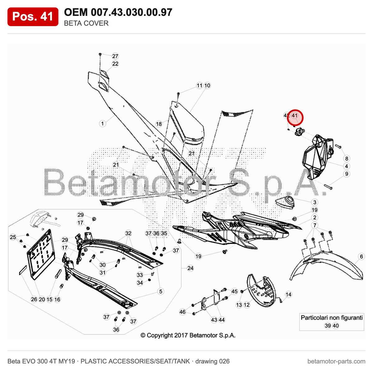 BETA COVER – OEM 007.43.030.00.97, position 41 on the Beta EVO 300 4T MY19 plastic accessories/seat/tank drawing