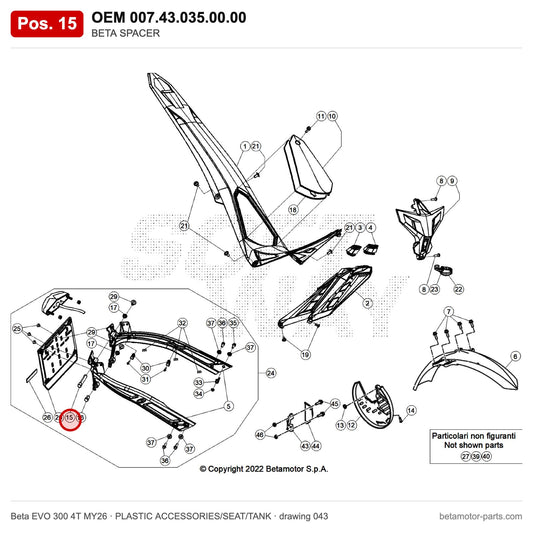 BETA SPACER – OEM 007.43.035.00.00, position 15 on the Beta EVO 300 4T MY26 plastic accessories/seat/tank drawing
