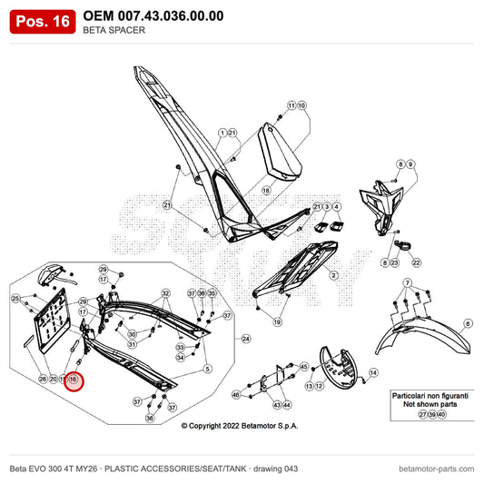 BETA SPACER – OEM 007.43.036.00.00, position 16 on the Beta EVO 300 4T MY26 plastic accessories/seat/tank drawing