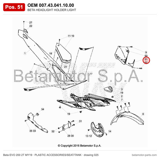 BETA HEADLIGHT HOLDER LIGHT – OEM 007.43.041.10.00, position 51 on the Beta EVO 200 2T MY19 plastic accessories/seat/tank drawing